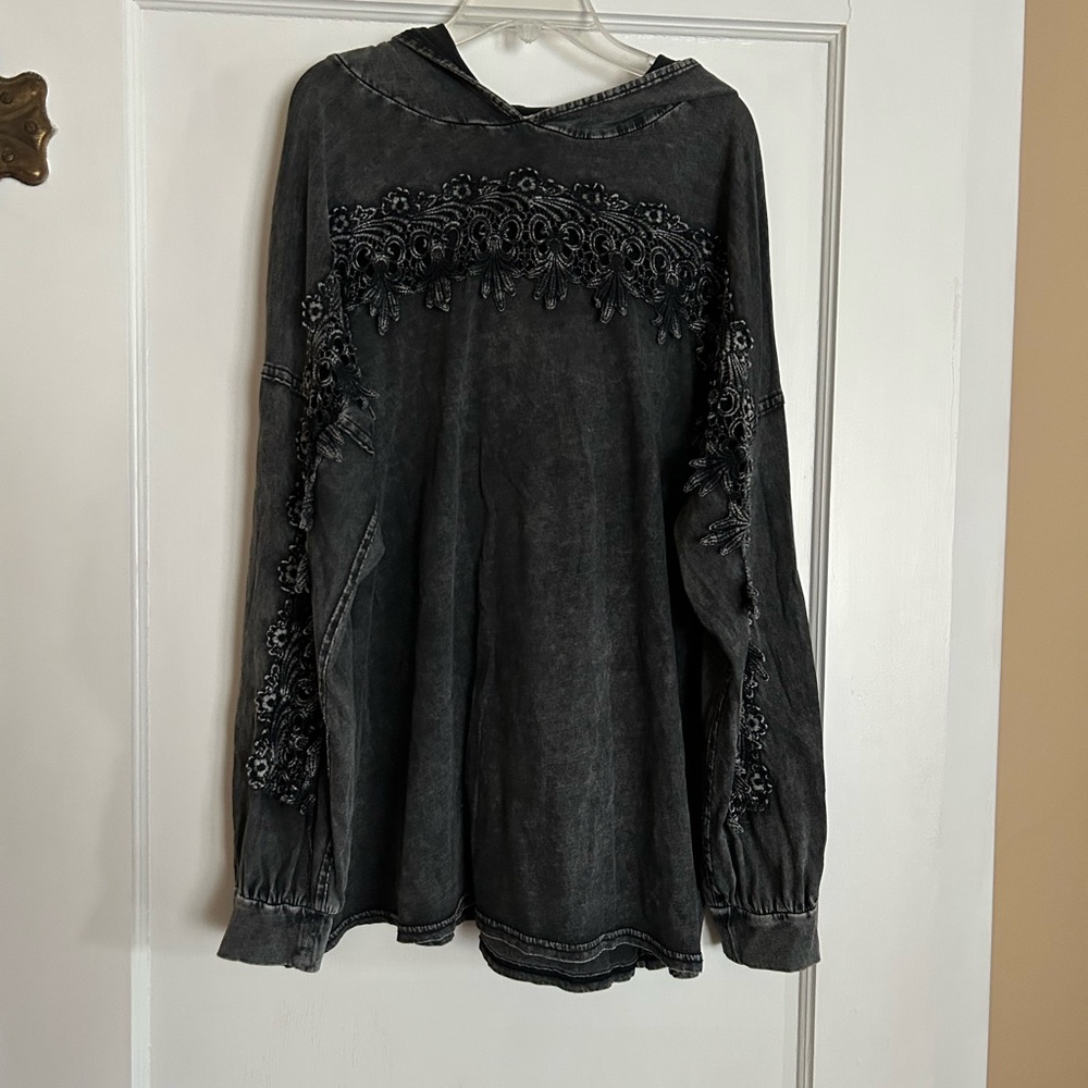 Soft Surroundings black hooded top with lace detailing.  Size large